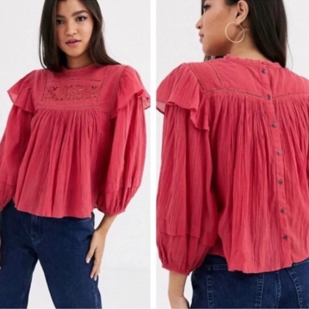 Free People Pink Puff Sleeve Ruffled‎ Blouse - Picture 2 of 12